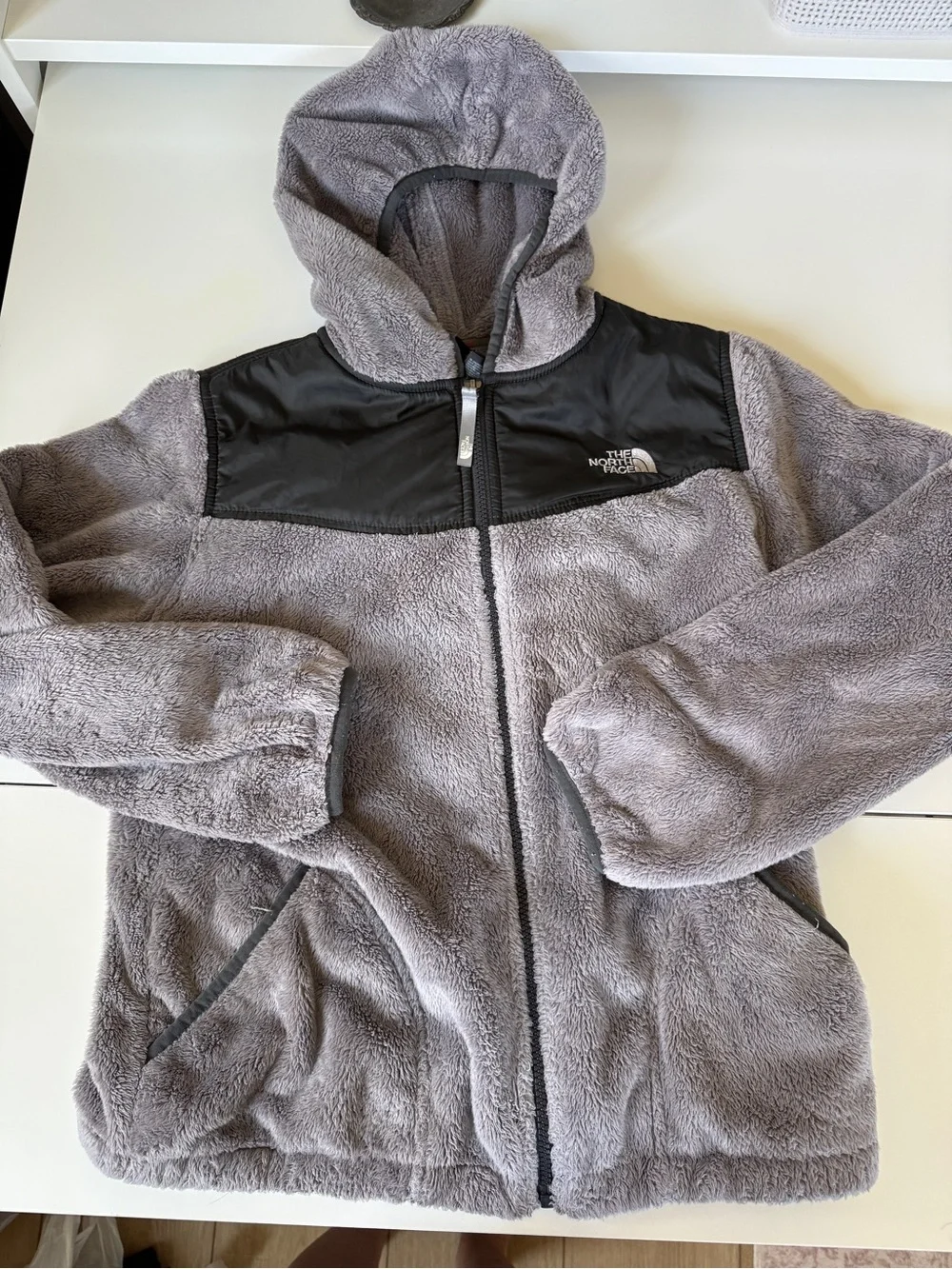The North Face Kids Gray Hooded Plush Puffer Jacket with Black Yoke